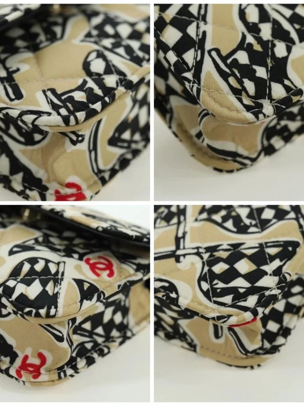 CHANEL Matelasse Checker Flag Chain Pouch Cotton Beige CC Auth YKZ1020SAM